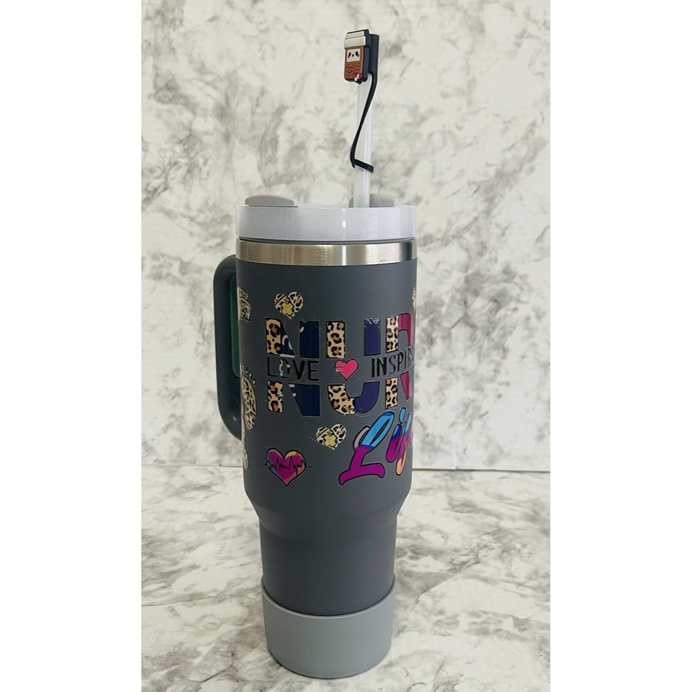 Tumbler "NURSE LIFE" Handle Flip Lid Straw Cap Leakproof Stainless Steel 48 oz.
